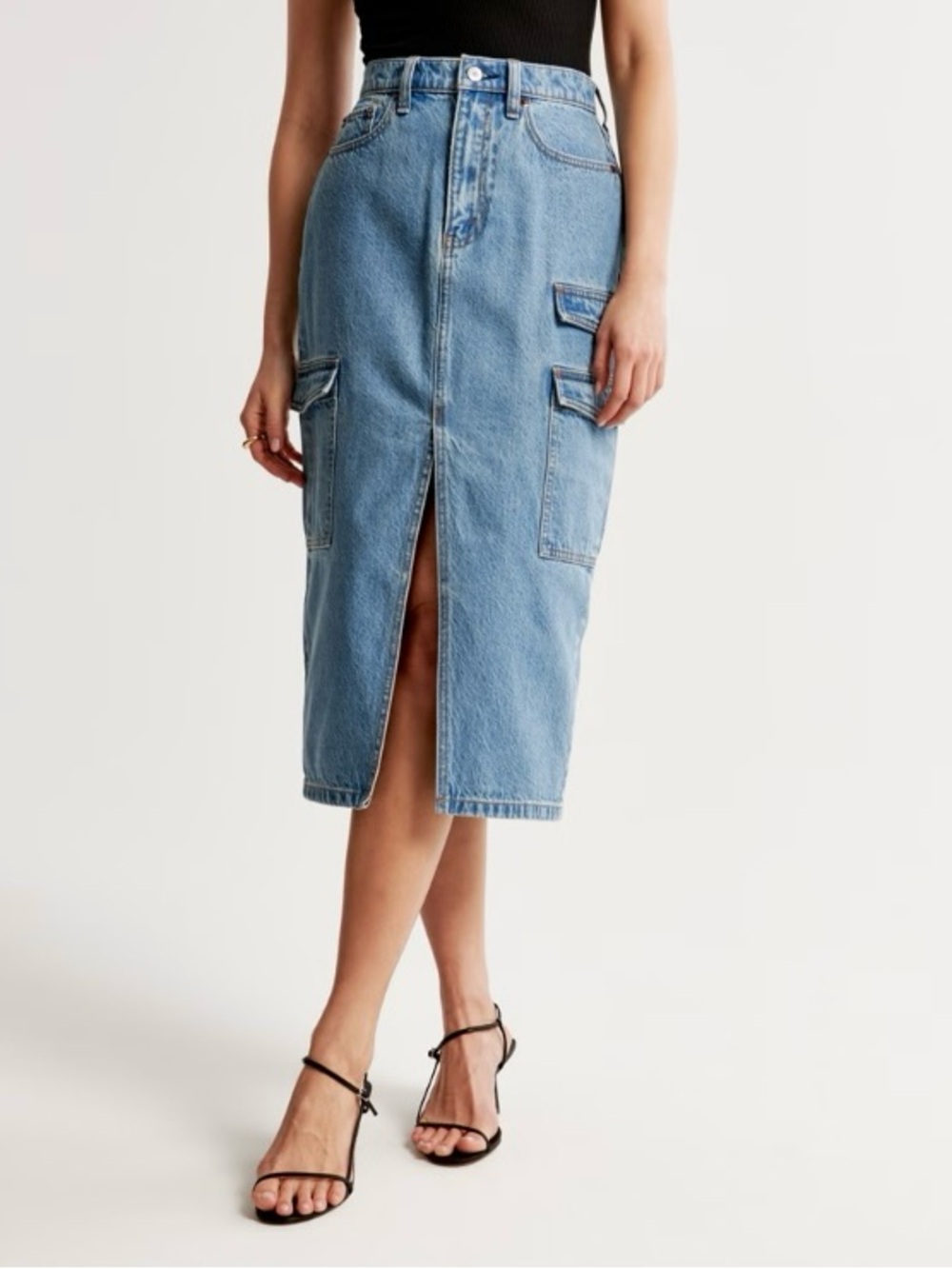Abercrombie & Fitch Cargo Midi Denim Skirt Frnt Slit High Waisted Blue Size 29